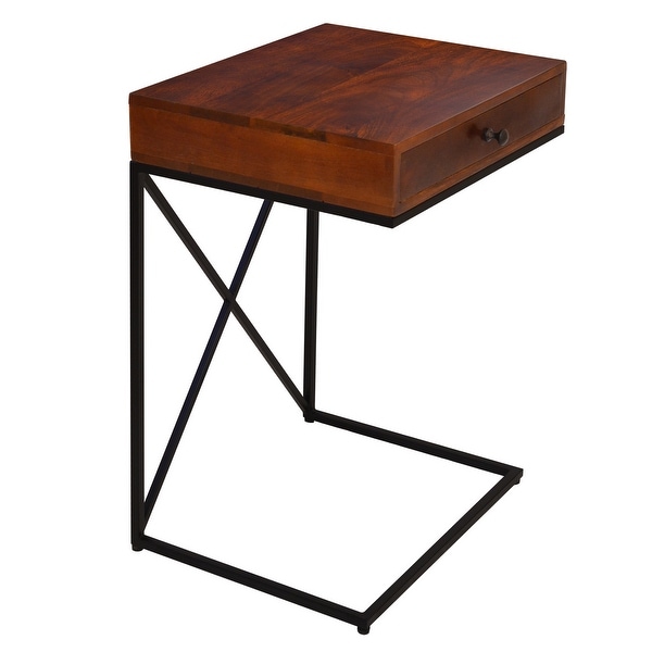 Wooden Sofa Side Table with 1 Drawer and Metal Frame， Brown and Black