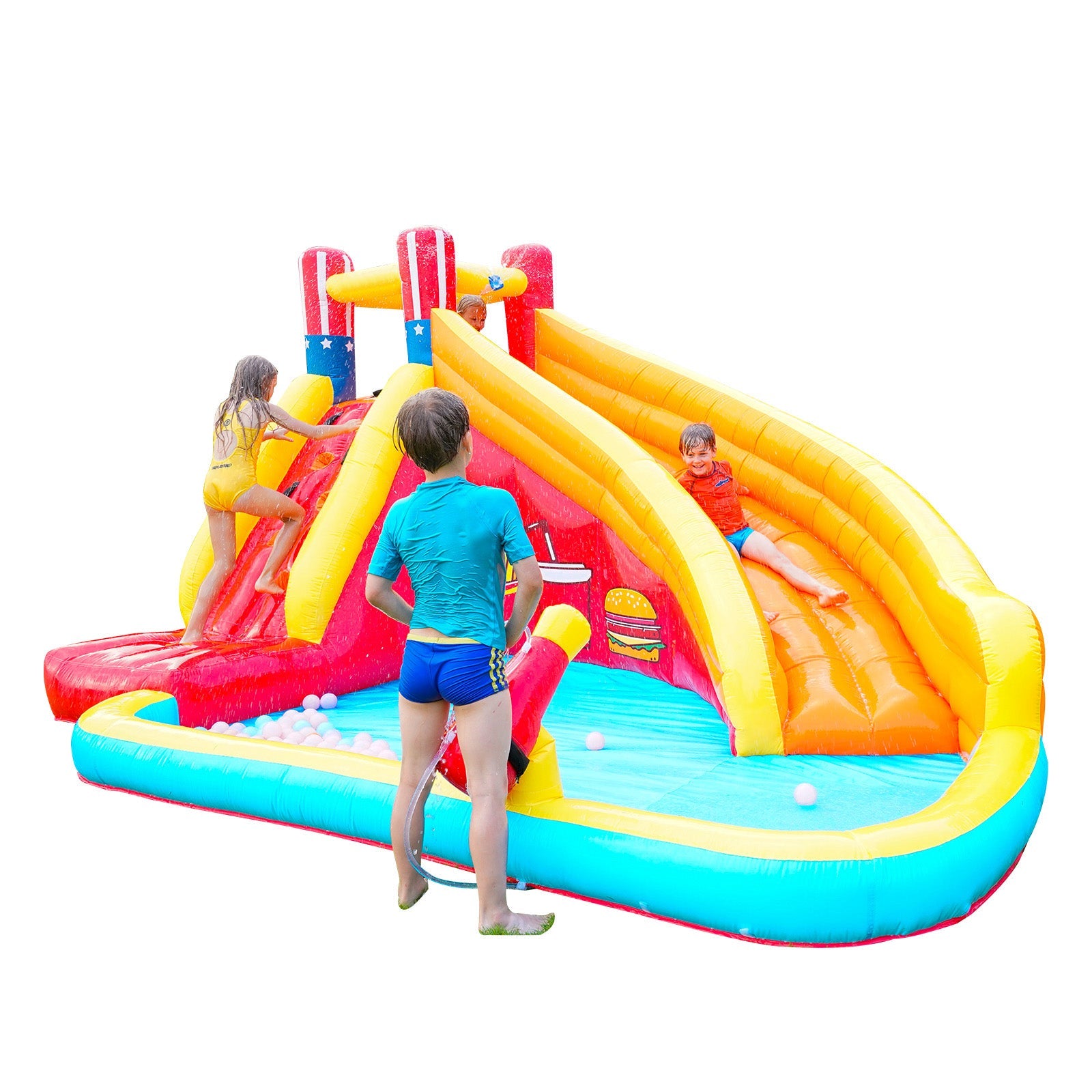 ametoys Inflatable Slide Backyard Park with Climbing Wall, Pool, Cannon, Heavy Duty Blower, Sprinkler, Stakes, Patches, Storage Bag for Outdoor Summer Fun