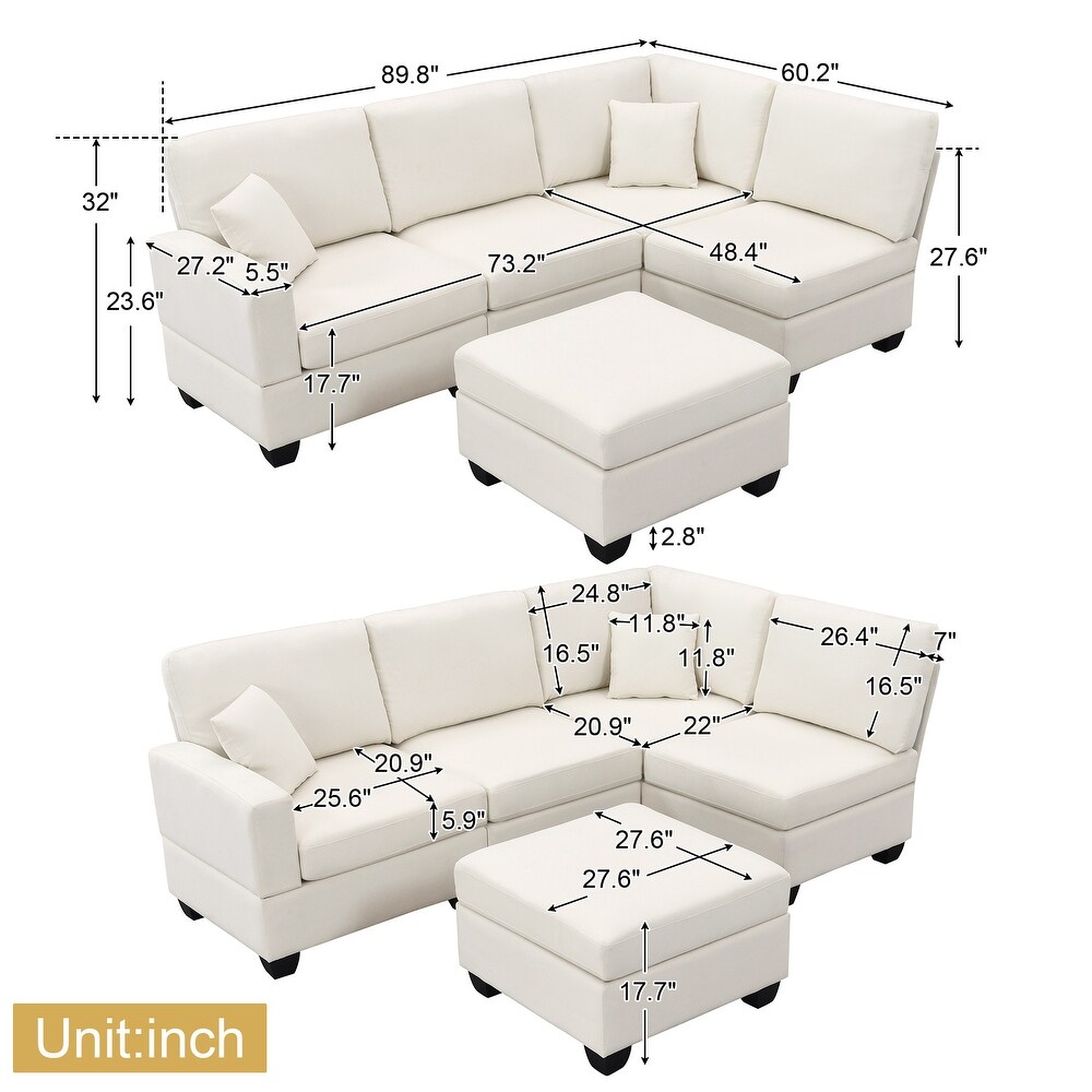 L Shaped Couch Sectional Sofa with Convertible Ottoman   2 Pillows