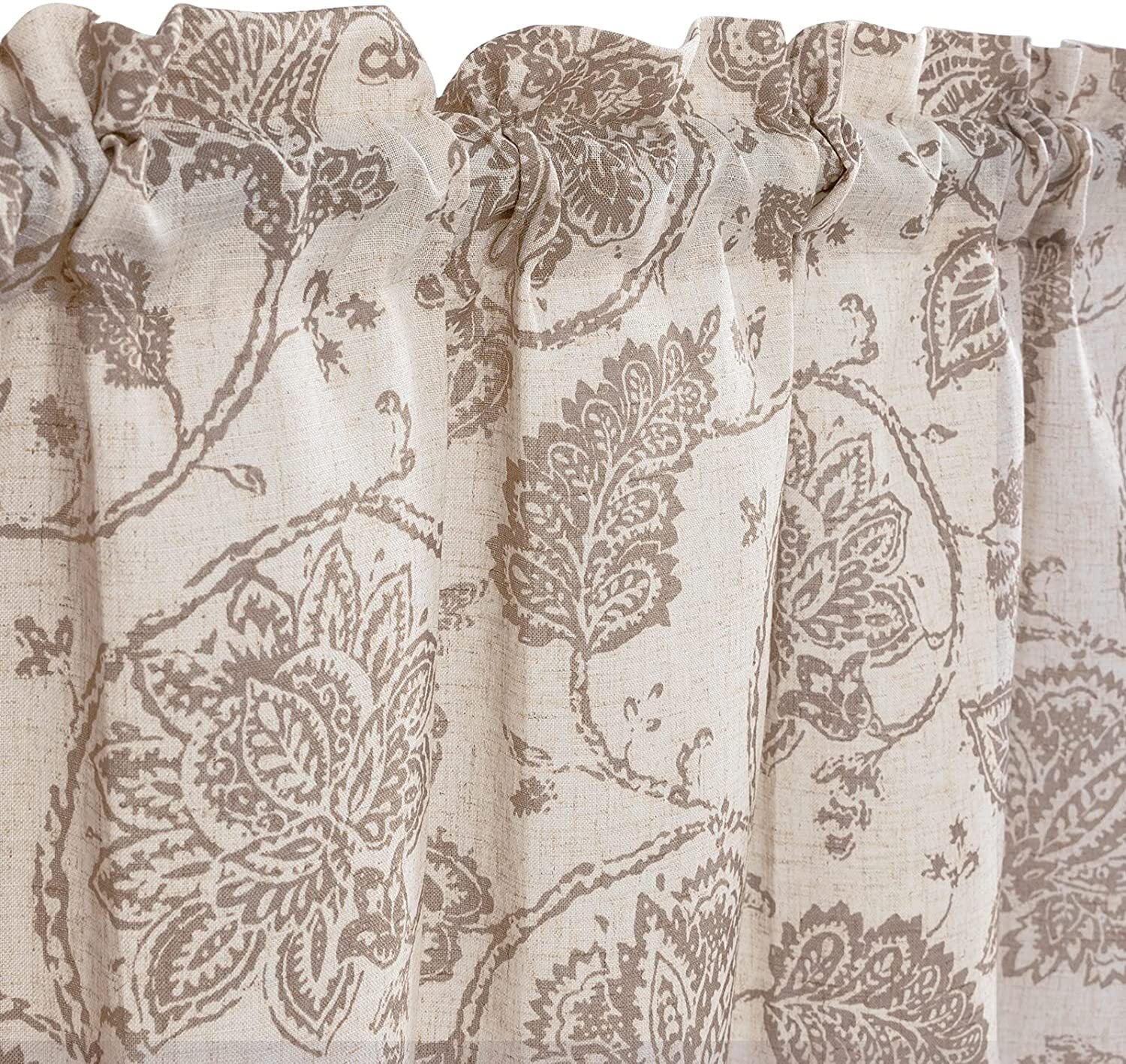 CURTAINKING Kitchen Valance W50 x L18 Linen Textured Floral Printed Small Window Curtain Rustic Jacobean 1 Panel Rod Pocket Taupe on Beige