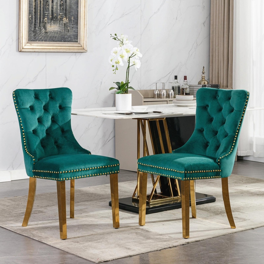 Tufted Velvet Dining Chairs   Solid Wood   Golden Stainless Steel Legs   Nailhead Trim   Set of 2