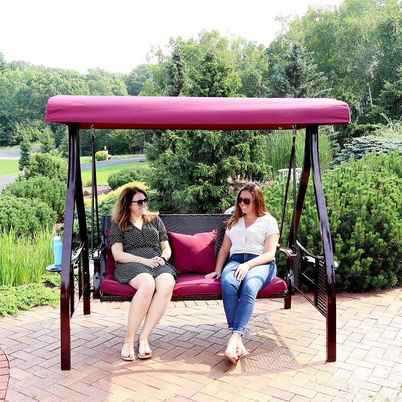 Sunnydaze 3-Person Steel Patio Swing Bench with Side Tables/Canopy - Merlot