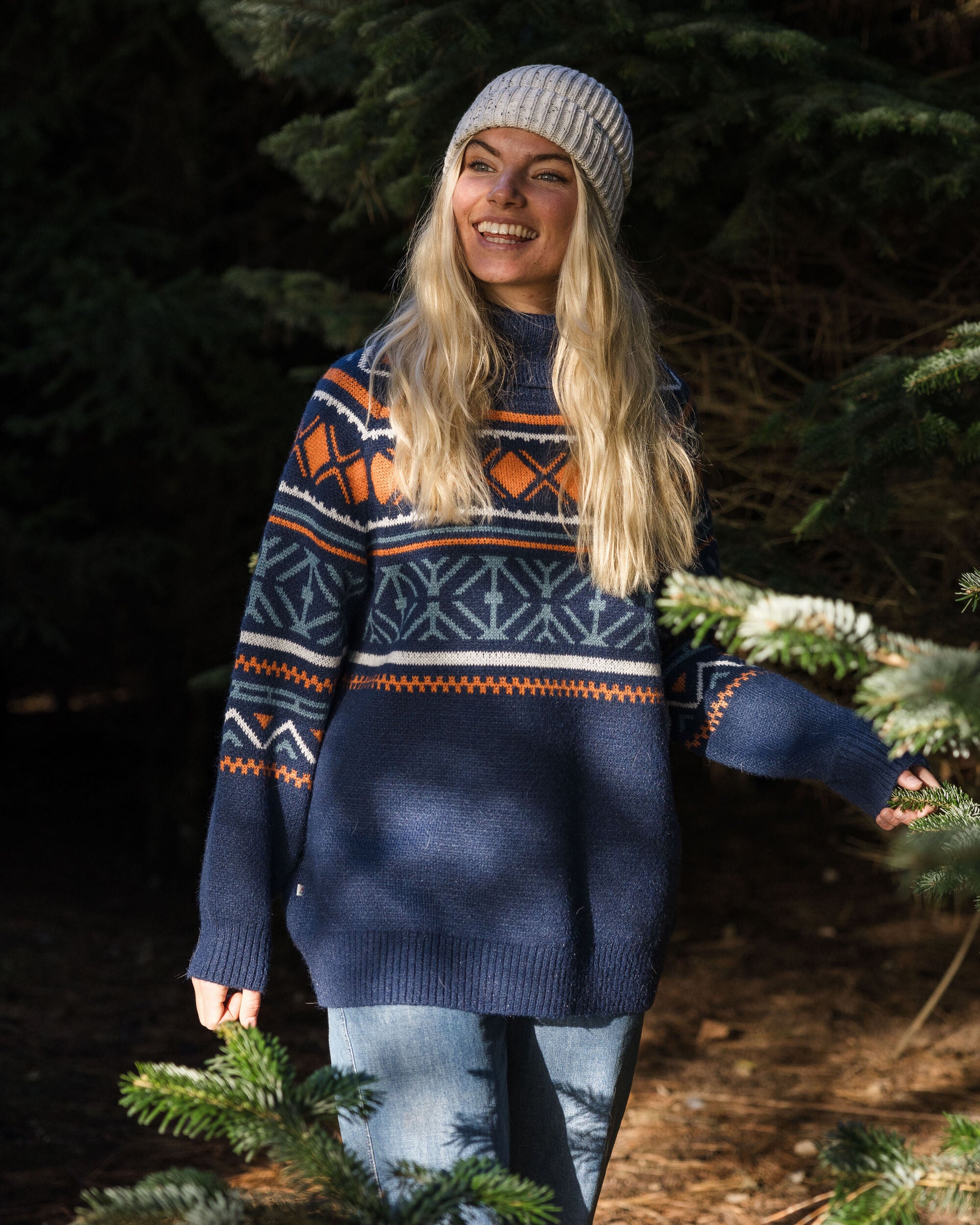 Whimsical Recycled Oversized Polo Neck Knitted Jumper - Homespun Stripe Navy