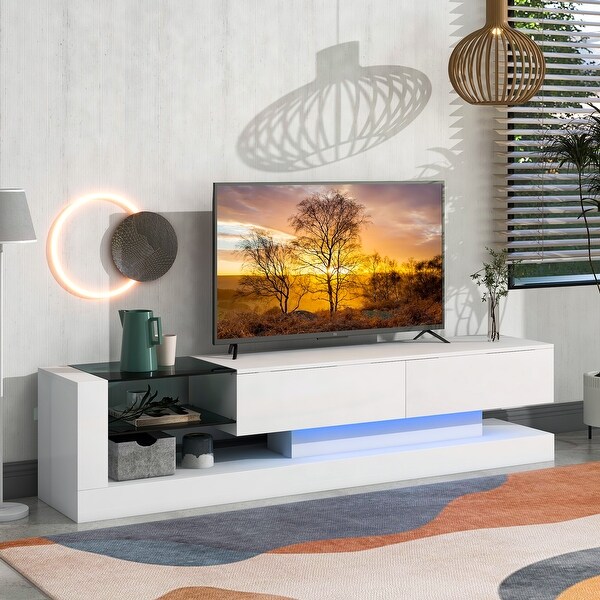 70''W Living Room High Gloss Floor TV Stand RGB LED Light Entertainment Center for 75 Inch TV with 2 Cabinetand2 Glass Shelf