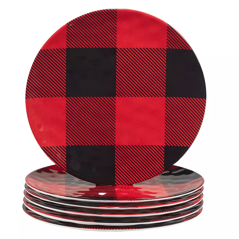 Certified International Set of 6 Red Buffalo Plaid Dinner Plates