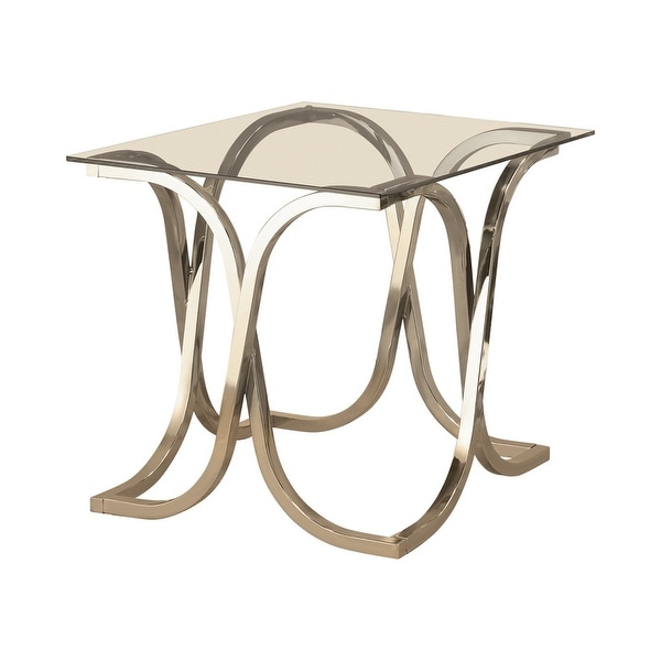 Tempered Glass Top End Table with Curved X Metal Frame， Clear and Silver