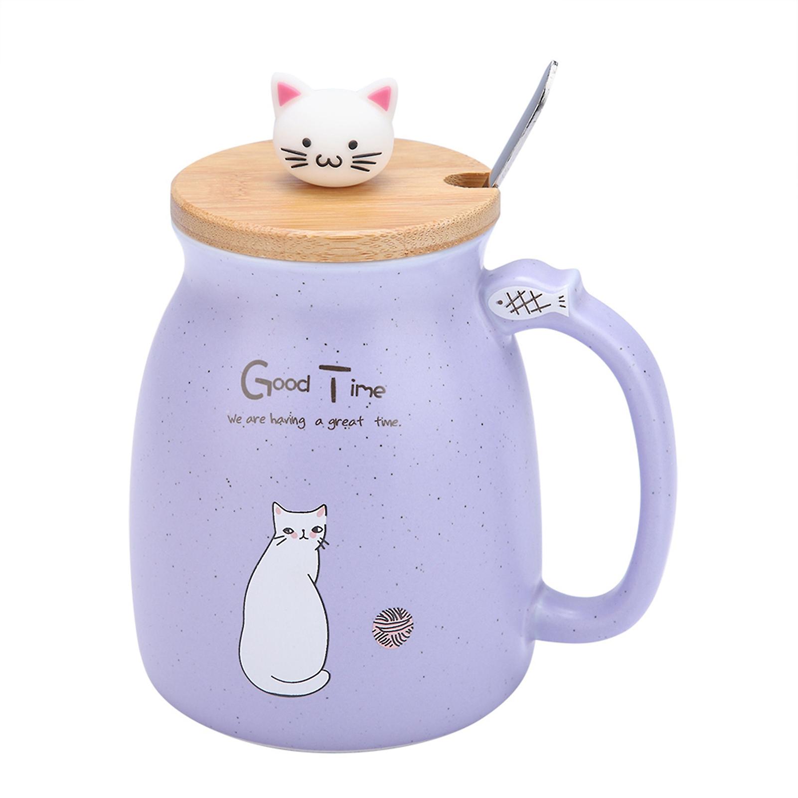 1pc Lovely Cat Ceramic Cup With Spoon And Lid  Coffee Water Milk Mug For Drinkware Gift(purple)