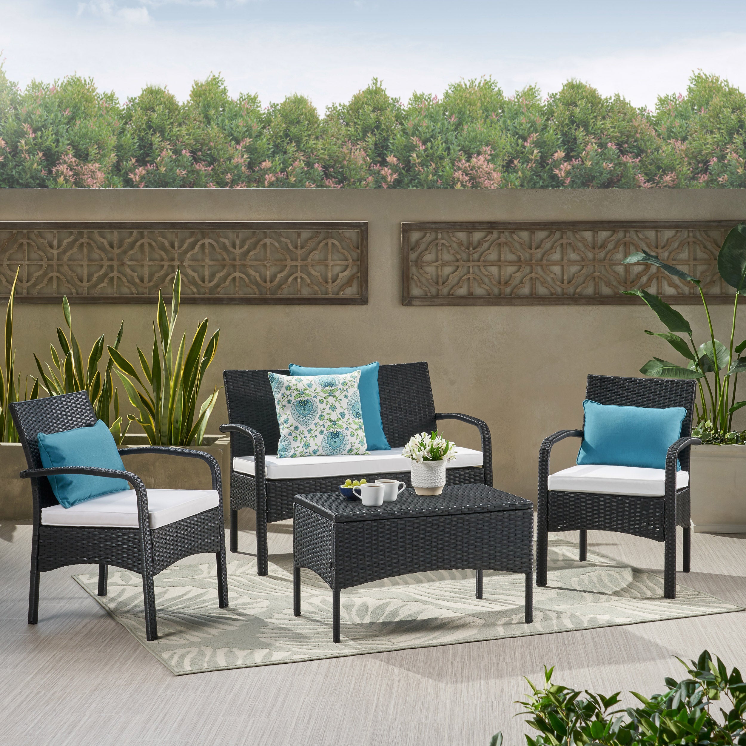 Carmela Outdoor 4 Piece Black Wicker Chat Set with White Water Resistant Cushions