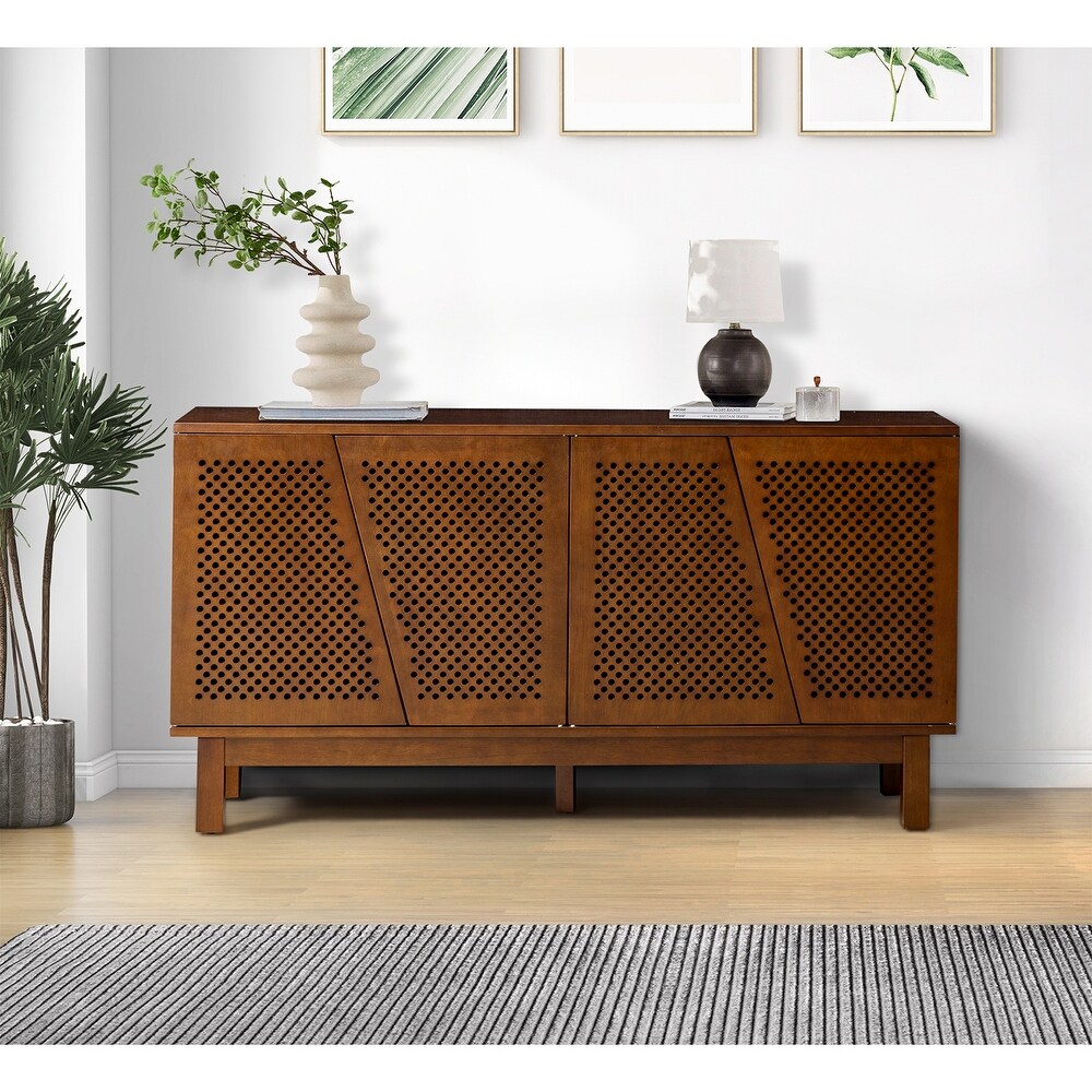 Angled Door Cabinet Sideboard Buffet with Open Shelf Storage  58  Dark Walnut