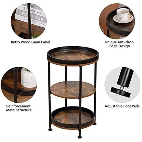 Round Industrial Sofa Table with 3 Storage Shelves，Rustic Brown