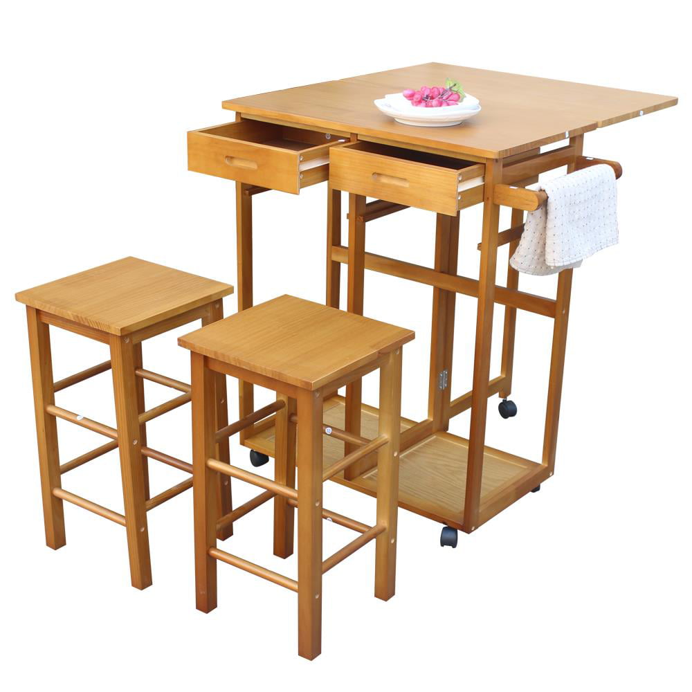 Zimtown Wood Kitchen Rolling Carts Kitchen Island Storage With 2 Stools Fold Dining Table 2 Drawers