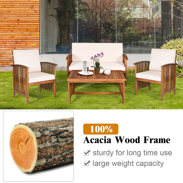 Costway 4pcs Patio Solid Wood Furniture Set Conversation Coffee Table W white Cushion