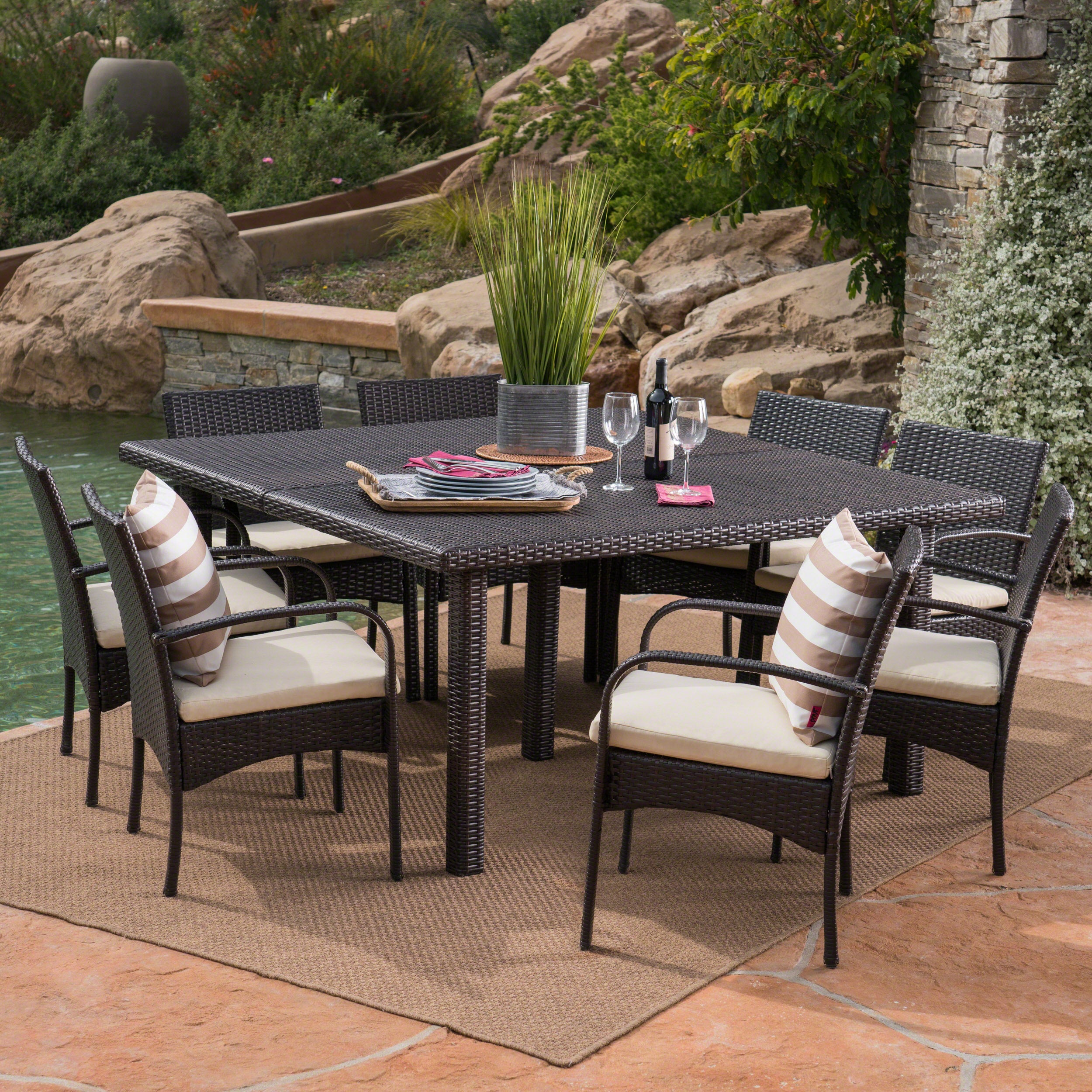 Coral Outdoor 9 Piece Wicker Dining Set with Water Resistant Cushions