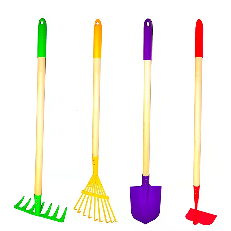 wood handle gardening tools Outdoor 4 pcs Kids Garden Tool Set Rake Spade Hoe and Leaf Rake