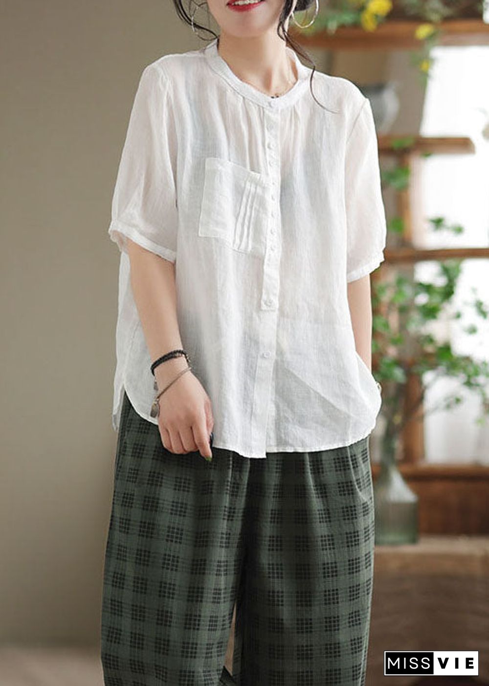 Simple White Pockets Button Patchwork Linen Shirt Top Short Sleeve