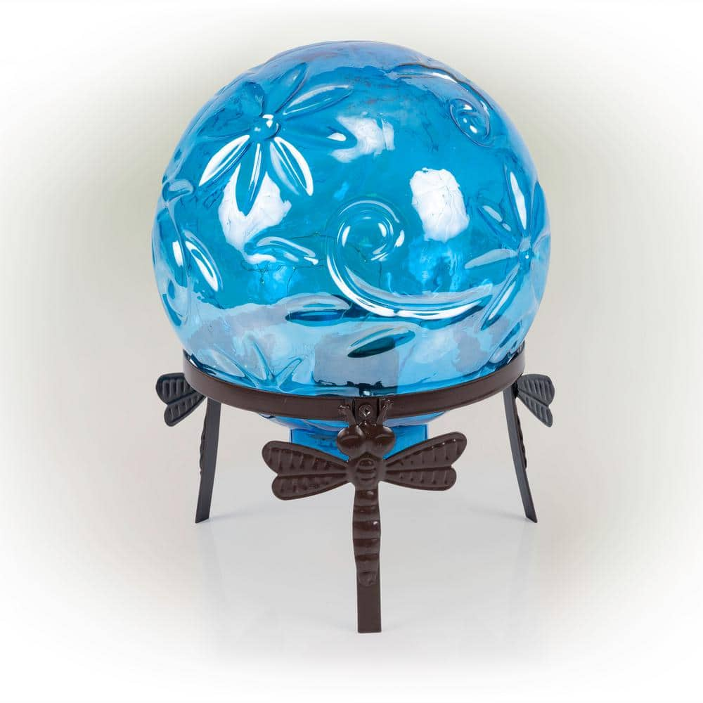 Alpine Corporation 13 in. Tall Indoor/Outdoor Pearlized Blue Glass LED Gazing Globe with Stand HGY112A-BL