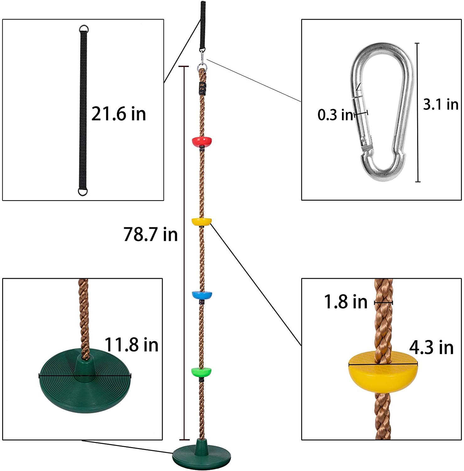 Bibana 6.5 ft Kids Climbing Rope Tree Swing Seat Set with Platforms and Disc Outdoor Swing Seat Including Hanging Strap and Locking Carabiner