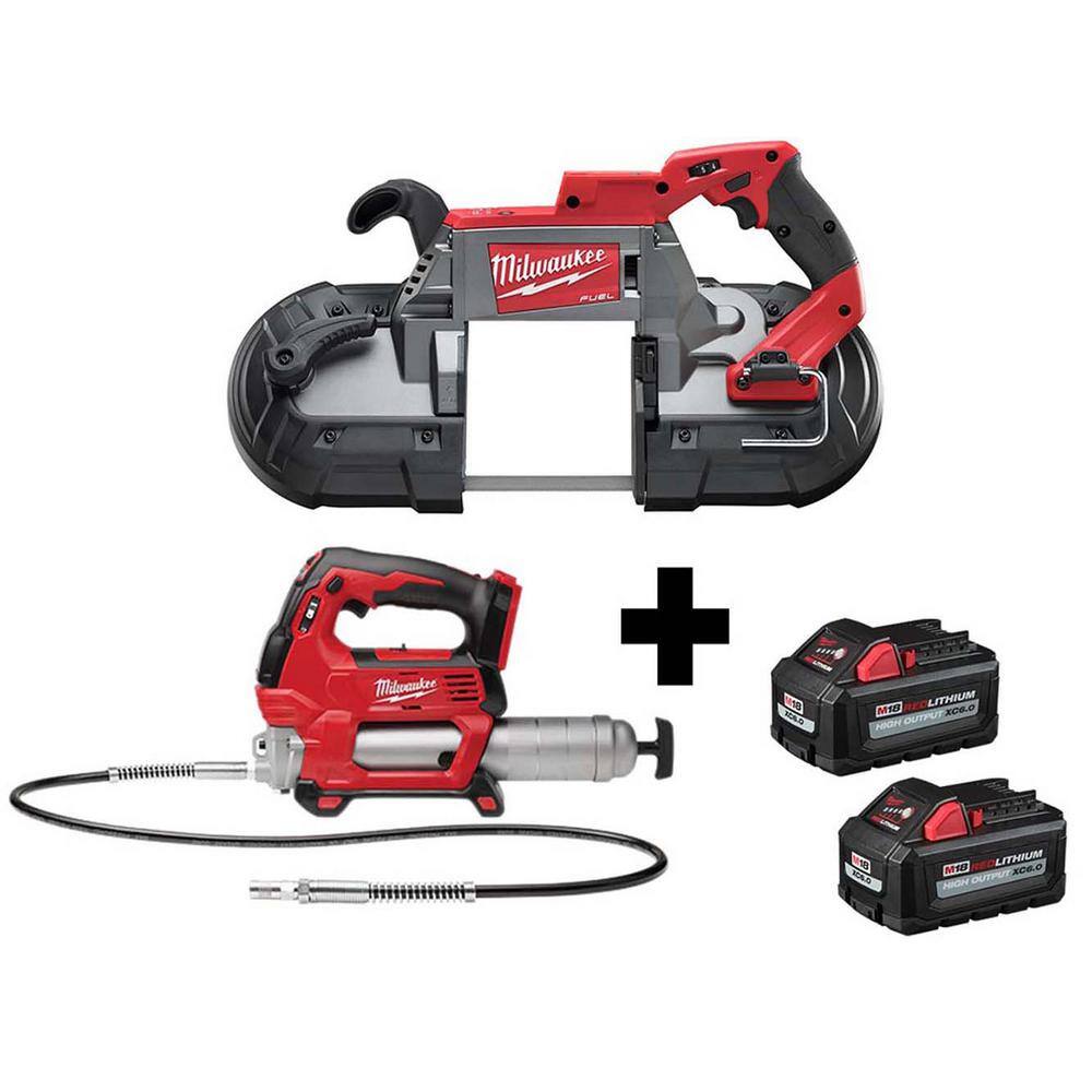 MW M18 FUEL 18V Lithium-Ion Brushless Cordless Deep Cut Band Saw and Grease Gun 2-Speed with Two 6.0 Ah Batteries 2729-20-2646-20-48-11-1862