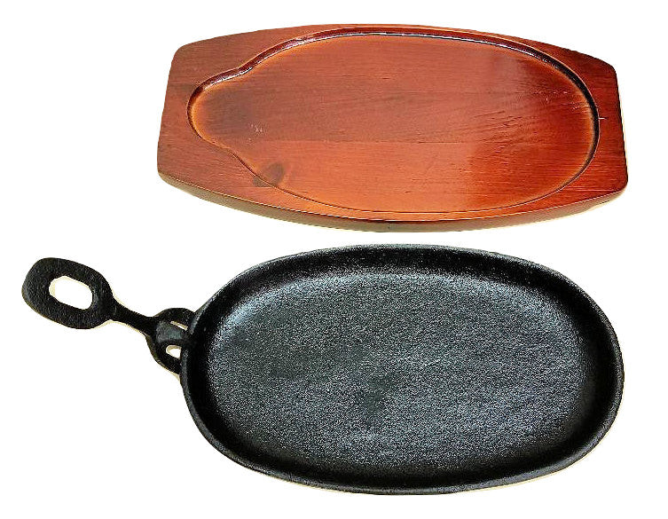 Cast Iron Steak and Fajita Platter Plate 9 x 5 1/2 w/ wooden holder and lifting handle