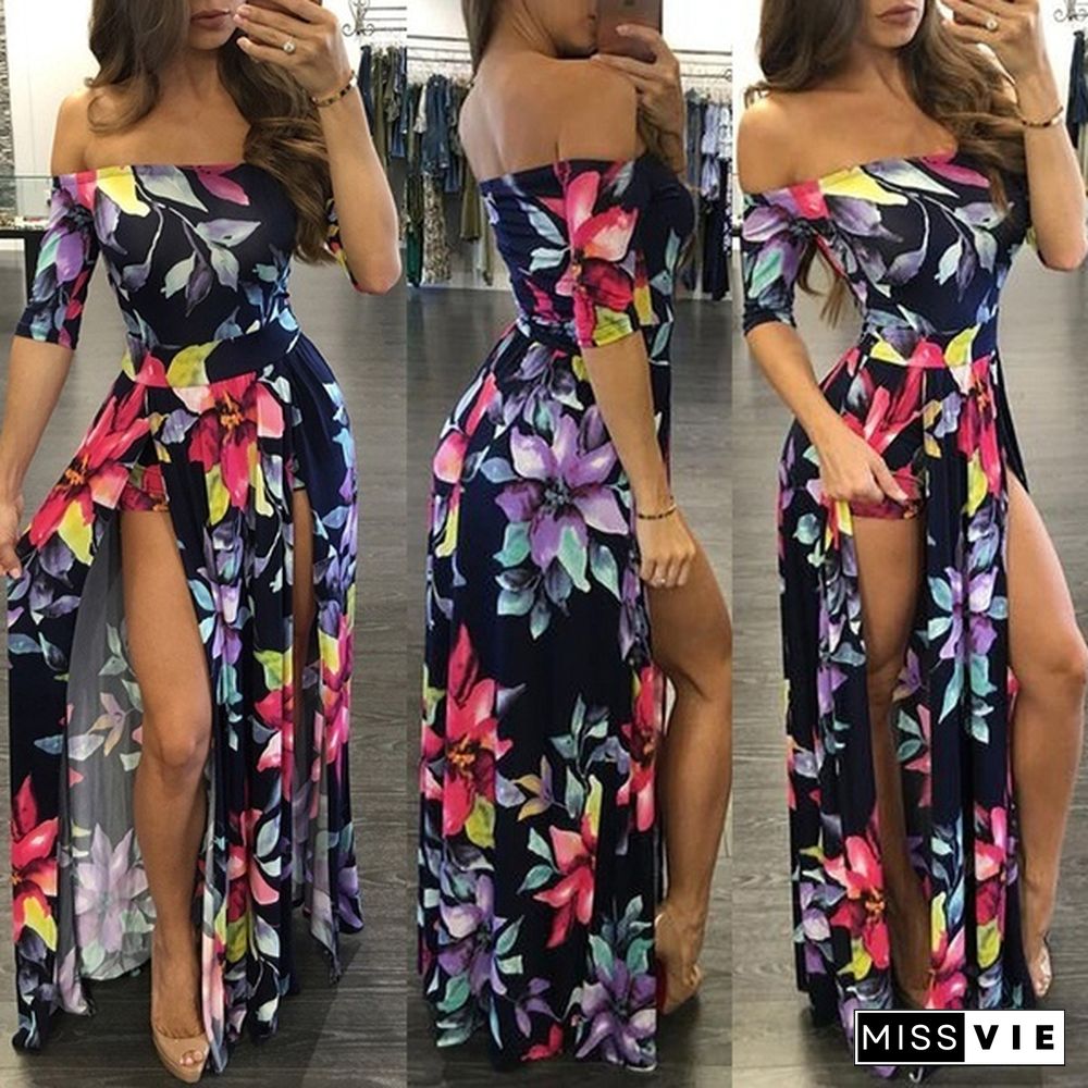 High Slit Off Shoulder Floral Maxi Dress