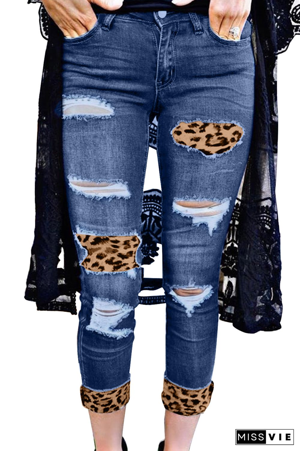 Distressed Leopard Patches Blue Skinny Jeans