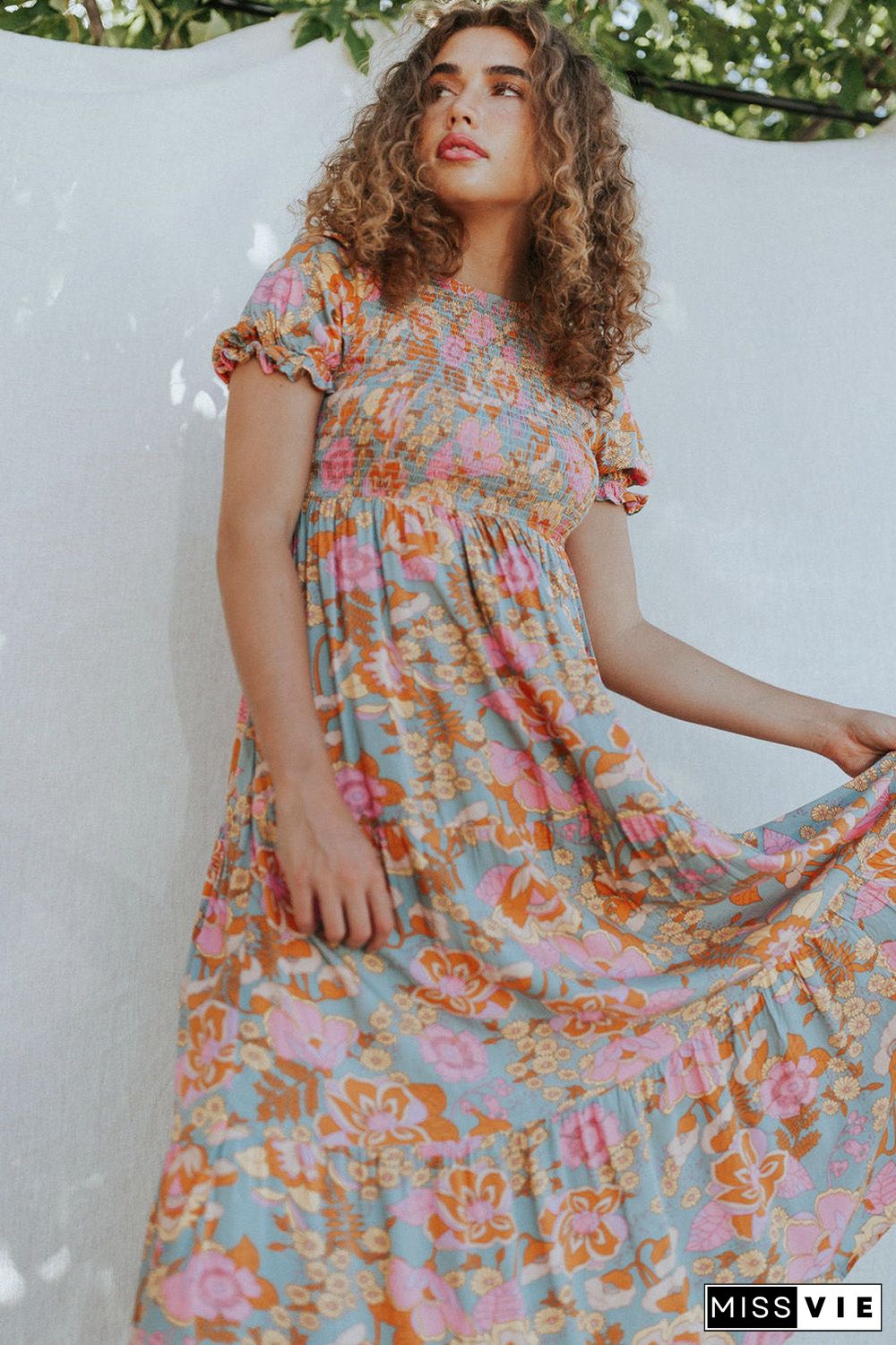 Floral Bubble Sleeve Smocked Flowy Ruffle Dress