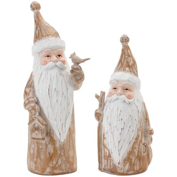 Carved Woodland Santa with Bird Figurine (Set of 2)