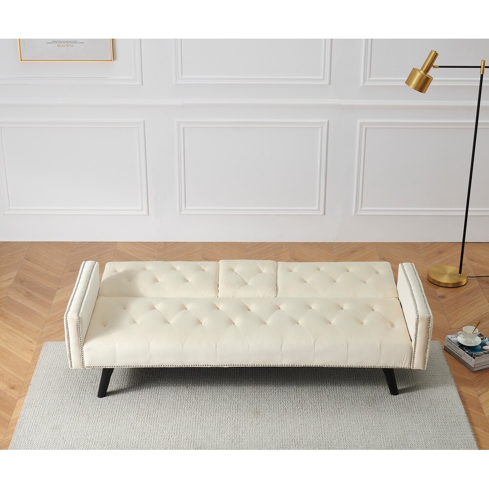 Modern Tufted Back Sofa Velvet Sleeper Sofa Bed Livingroom Adjustable Back Sofa Bed with Nail Head Trim   2 Cup Holders