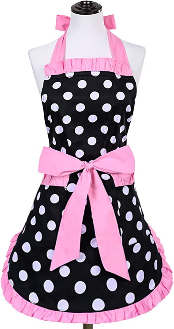 Egebert Cute Retro Apron for Women with Pockets 50s Black Vintage Aprons Sexy Chef Apron Funny Kitchen Cooking Apron Polka Dot Adjustment Waist Flirty Apron Dress Christmas Mother's Gifts (Pink)