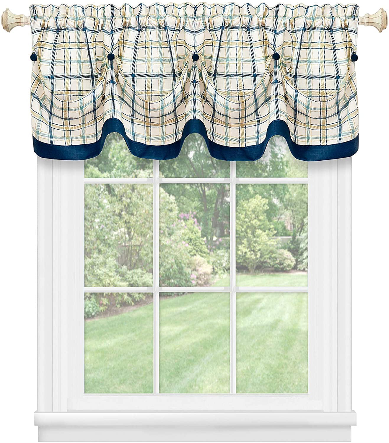 3-Piece Window Kitchen Curtain Set with Double Layer Plaid Gingham Fabric, Tier Pair Panels and Button Tab Top Valance, Navy, 24 Panel Length