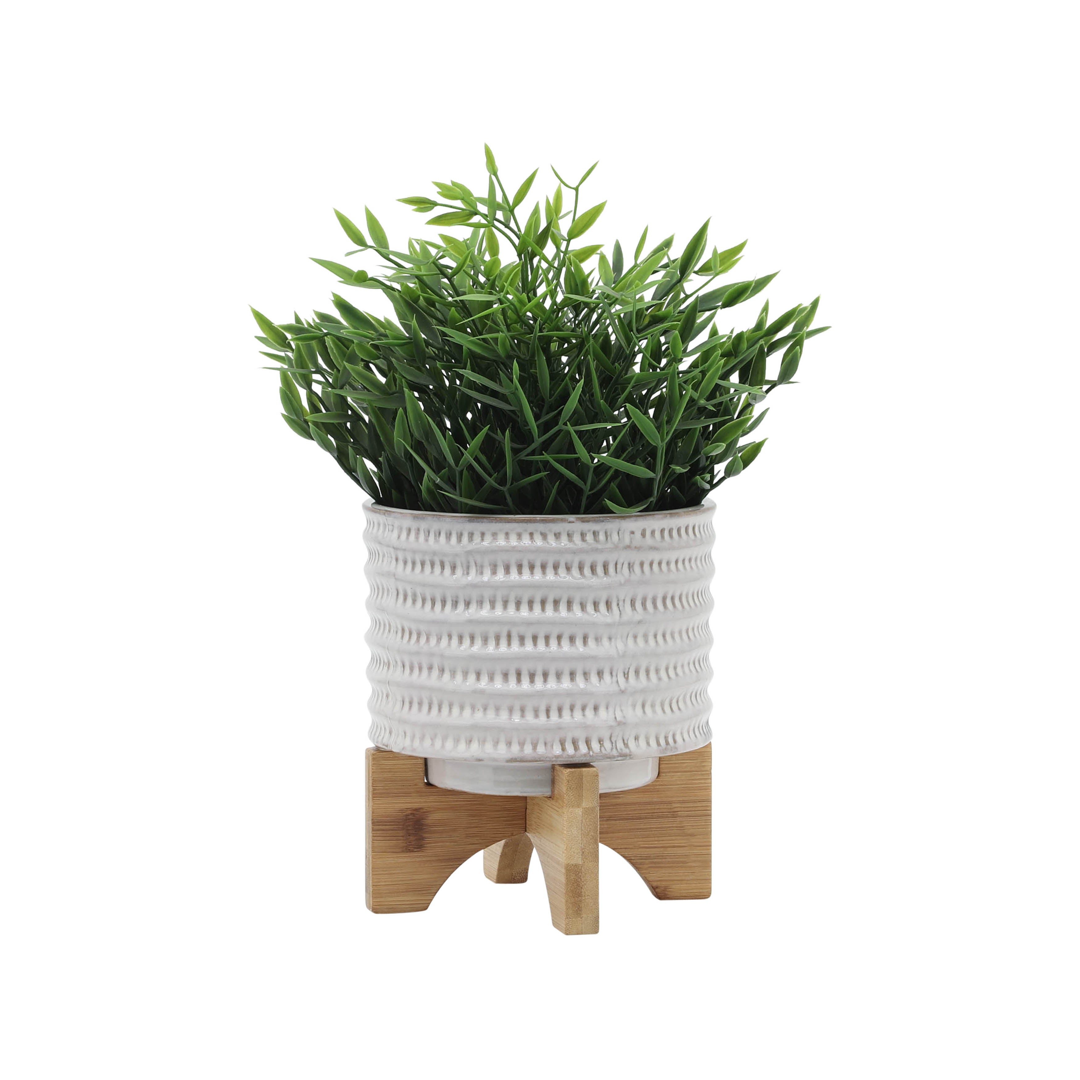 Sagebrook Home Ceramic 5" Flower Pot With  Wooden Stand, Round, Ceramic, Contemporary, 5.5"L X 5.5"W X 7"H, Geometric