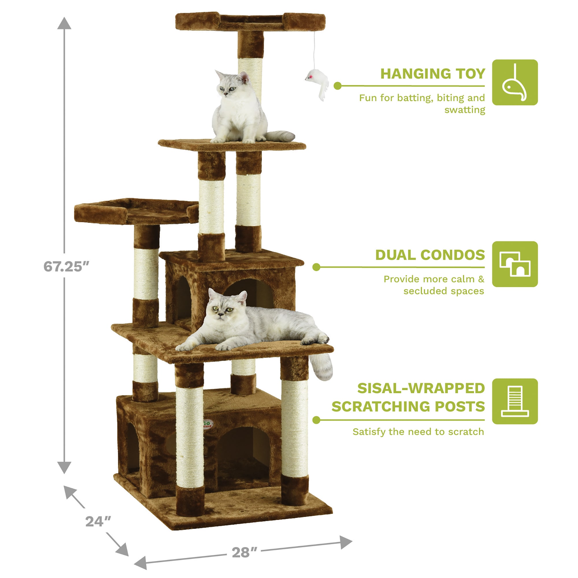 Go Pet Club Classic Brown Cat Tree Condo Furniture with Sisal Scratching Posts， 67.25