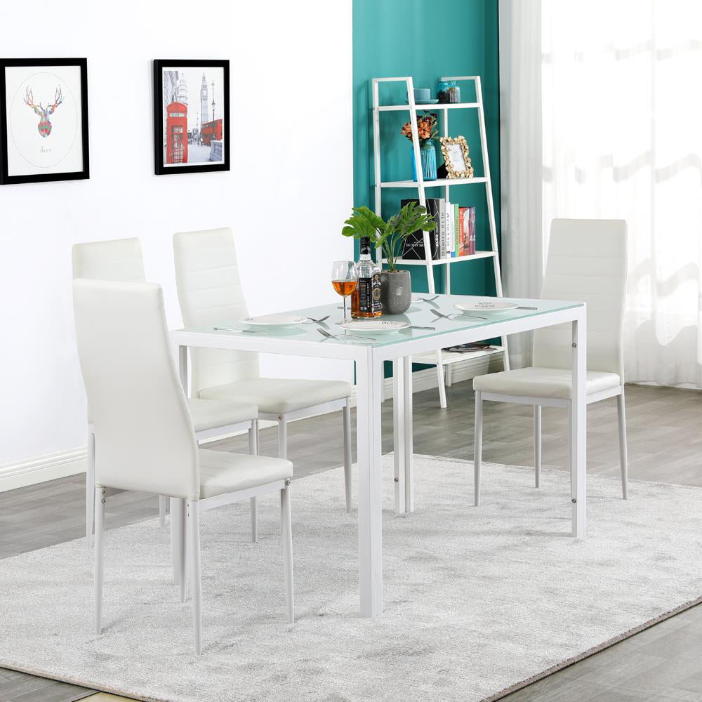 Zimtown Dining Table Set for 4, Kitchen Dining Room Table and 4 Chairs White Glass Dining Table with PU Leather Chairs, White