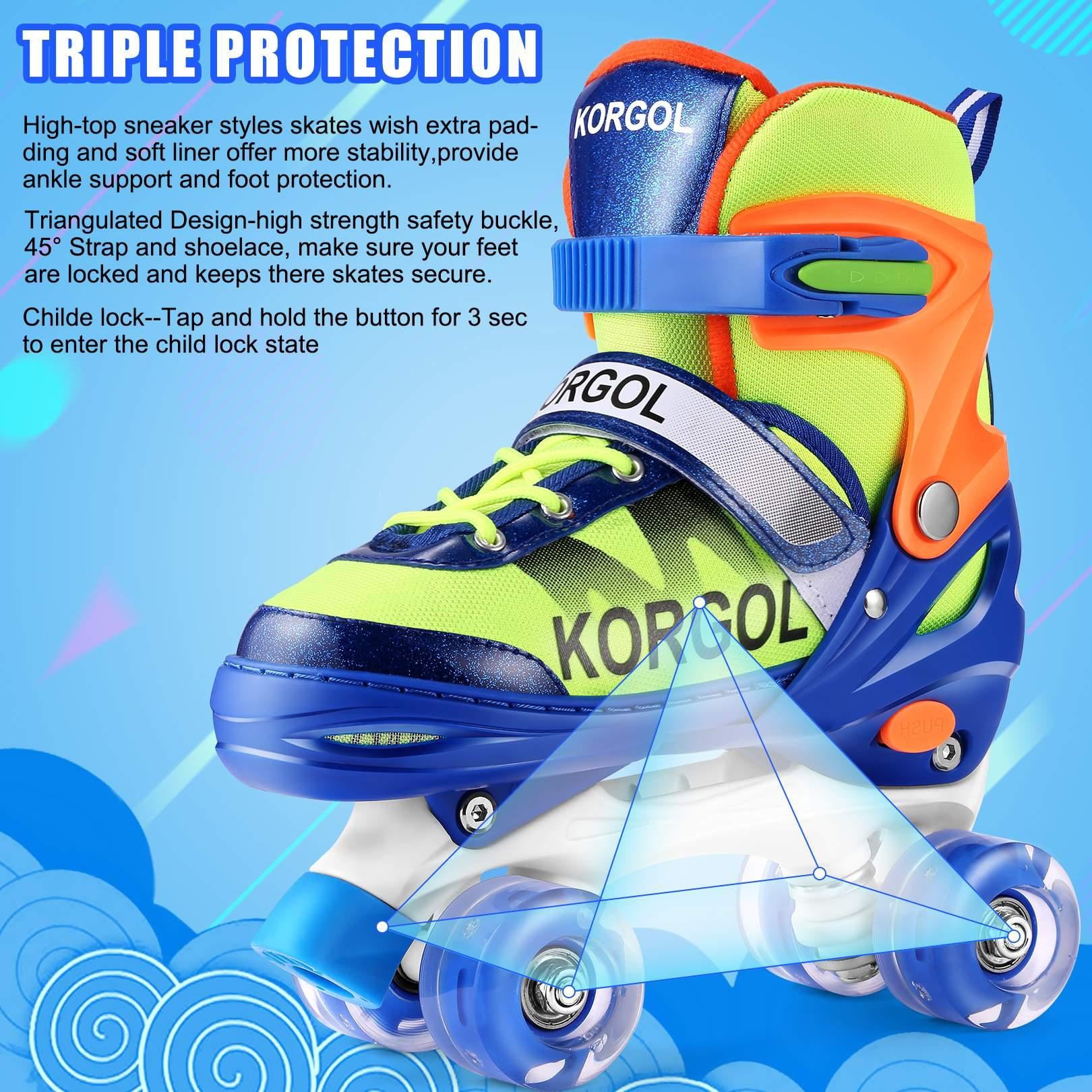 KORGOL Blue Adjustable Roller Skates with Illuminating Wheels， for Kids Boys Girls