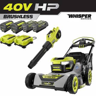 RYOBI 40V HP Brushless Whisper Series 21 in. Walk Behind Self-Propelled All Wheel Drive Mower Blower (4) Batteries Chargers RY401210-2X