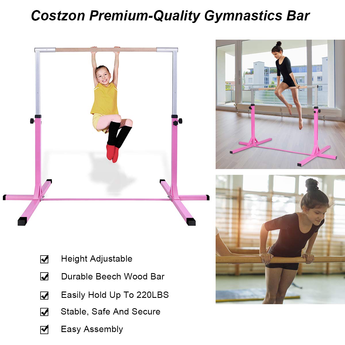 Gymnastic Training Bar, 3' to 5' Height Adjustable 1-4 Levels Exercise Kip Bar