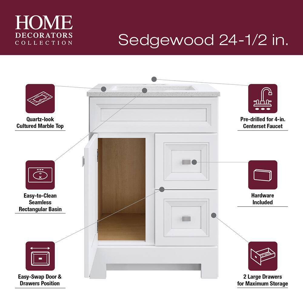 Home Decorators Collection Sedgewood 24.5 in. W x 18.8 in. D x 34.4 in. H Freestanding Bath Vanity in White with Arctic Solid Surface Top PPLNKWHT24D