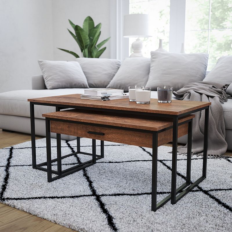 Merrick Lane Corsica Coffee Table 2 Piece Walnut Wood Grain Surface Black Metal Frame Nesting Coffee Table With Storage