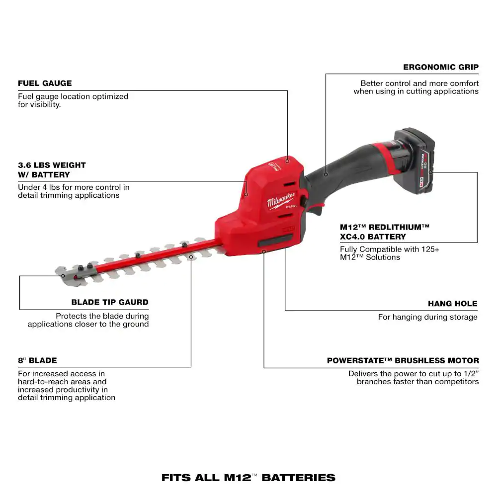 Milwaukee 2533-21 M12 FUEL 8 in. 12V Lithium-Ion Brushless Cordless Hedge Trimmer Kit with 4.0 Ah Battery and Charger