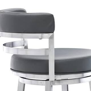 Armen Living Madrid Contemporary 26 in. Counter Height Bar Stool in Brushed Stainless Steel and Grey Faux Leather LCMABABSGR26