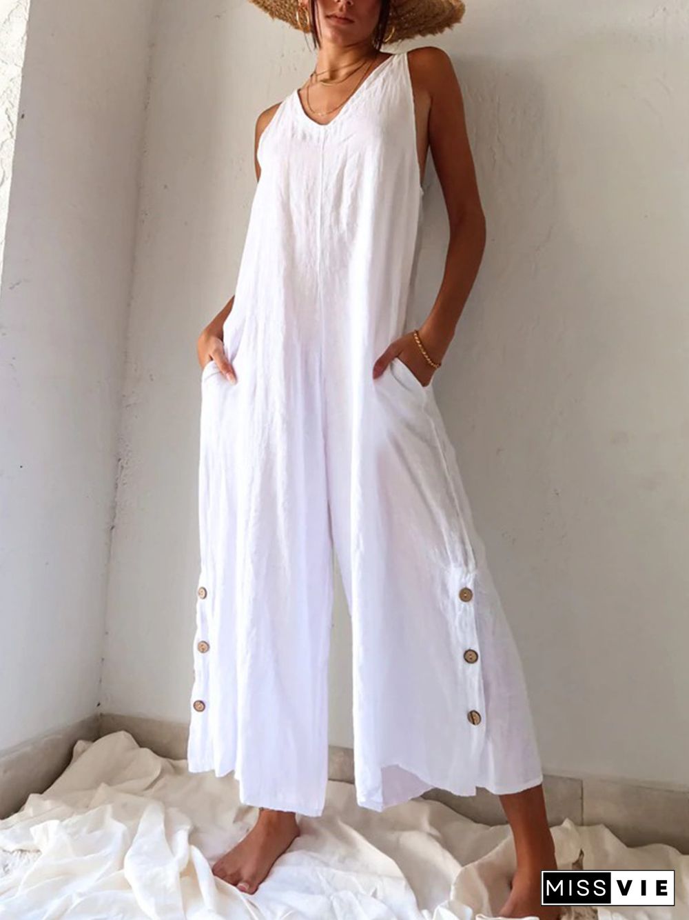 Casual V Neck Pockets Buttoned Cotton Solid Sleeveless Loosen Jumpsuit & Romper