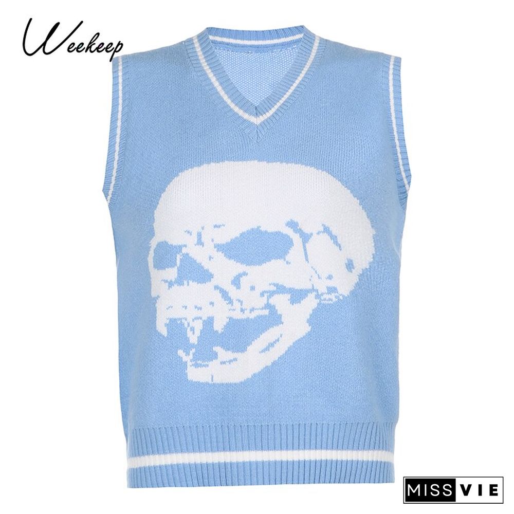 Weekeep New Sweater Vest Chic Print Pullover V Neck Knitwear Loose Casual Knitted Tank Top Women'S Streetwear Tops Blue New