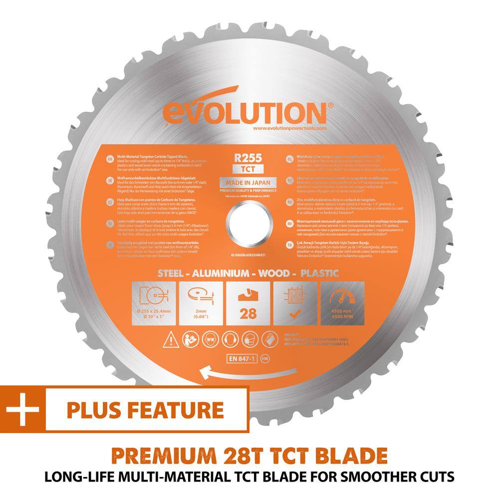 Evolution Power Tools 15 Amp 10 in. Dual Bevel Sliding Miter Saw with Laser Guide Dust Bag 13 ft. Power Cord and 28-T Multi-Material Blade R255SMSDB+