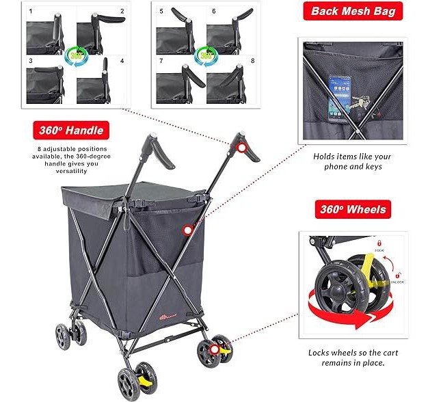 Dbest Products Cruiser Cart Urban 360 Folding Shopping Grocery Collapsible Laundry Basket On Wheels Foldable Utility