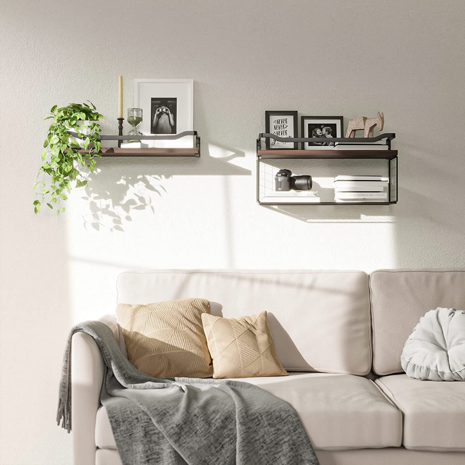 Floating Shelves Wall Mounted Set of 3, Rustic Wood Bathroom Shelves Over Toilet with Paper Storage Basket, Farmhouse Floating Shelf for Wall Decor, Bedroom/Living Room/Kitchen/Plants/Books