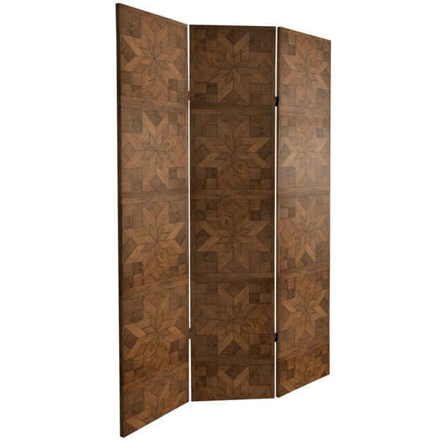 Double Sided Walnut Wood Pattern Canvas Room Divider Brown Oriental Furniture