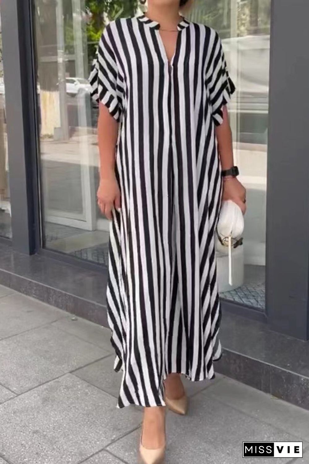 Casual Striped Patchwork V Neck Straight Dresses(3 Colors)