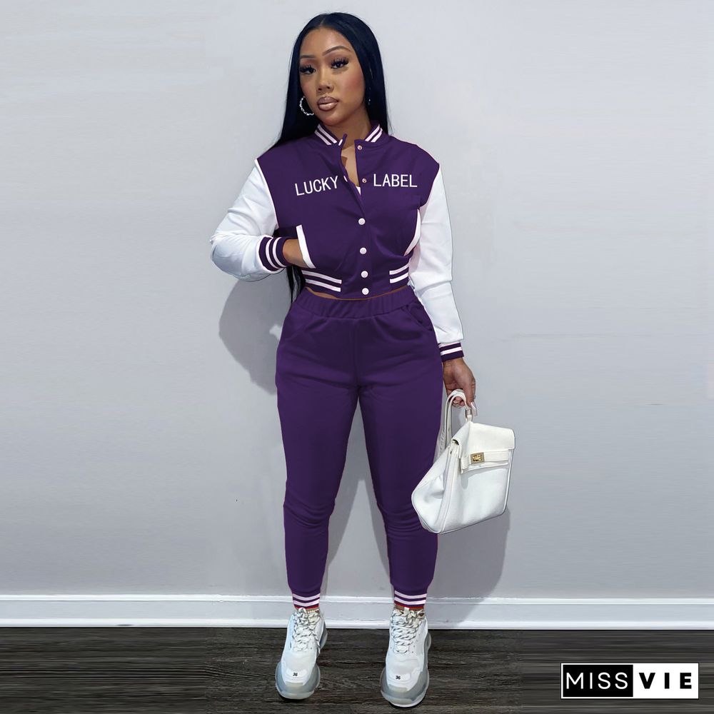 Letter Print Baseball Jacket Sporty Pants Set