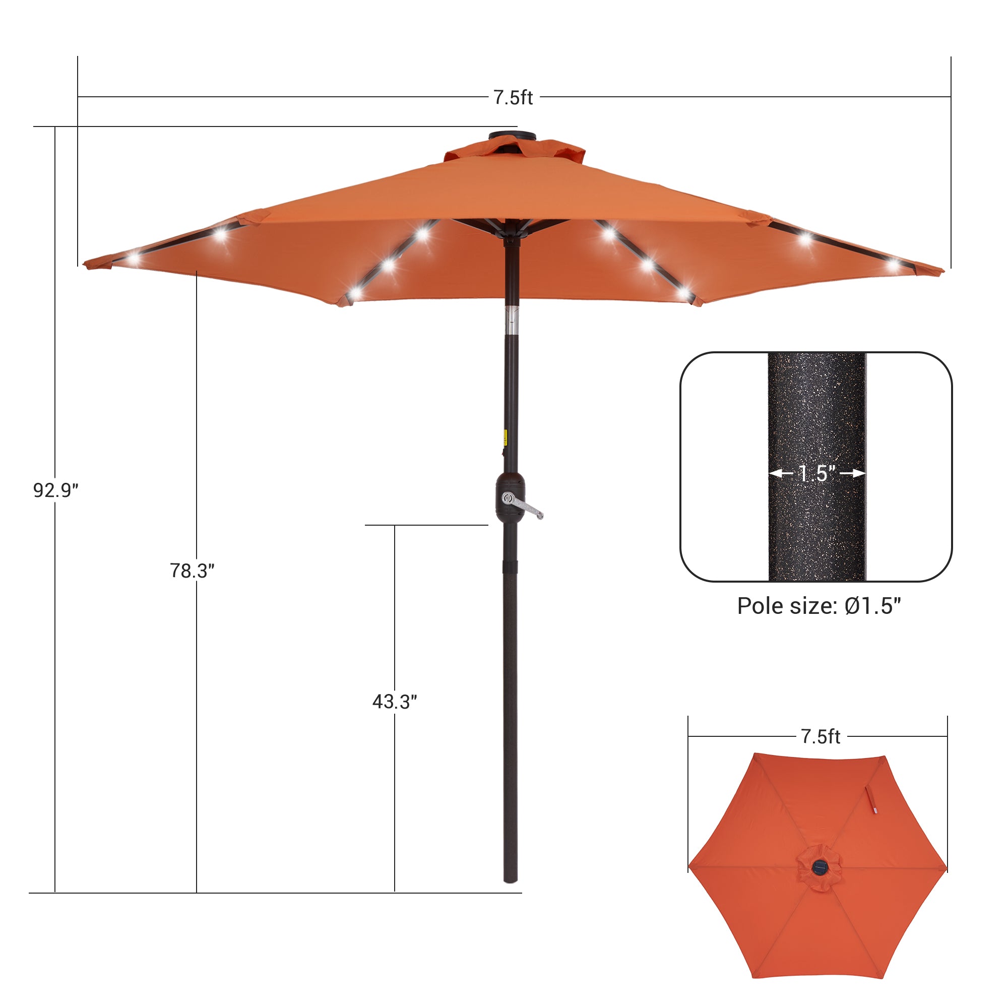 Sonerlic 7.5ft LED Patio Outdoor Shade Table Umbrella with Steel Frame for Yard, Garden, Park,Poolside and Deck,orange