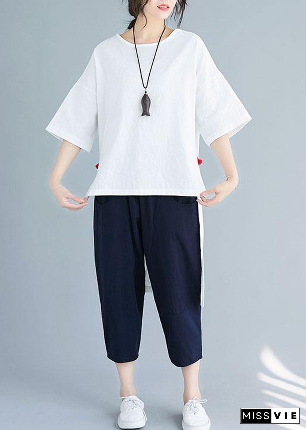 New women's solid color five-point sleeves white shirt casual harem pants two-piece